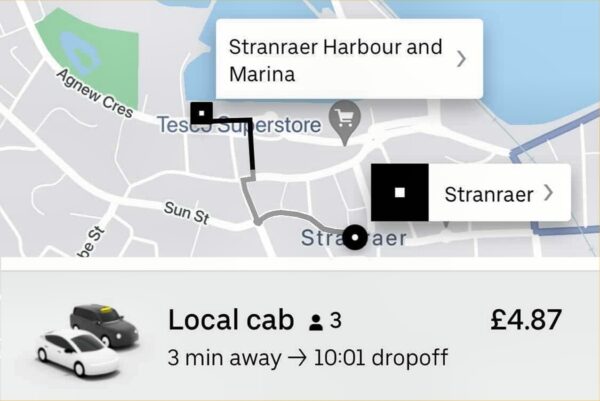 Stranraer cab booking map with fare and time estimate.