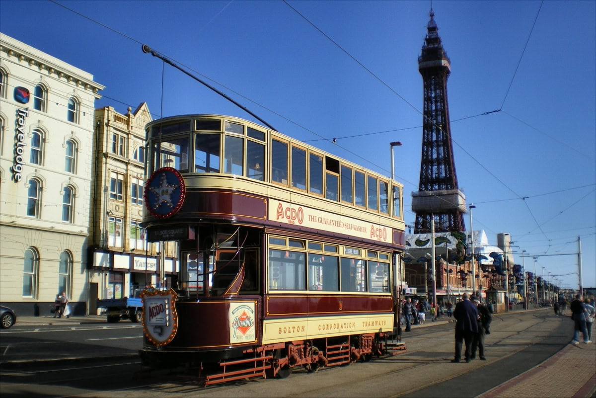 Vintage tram near Blackpool Tower.