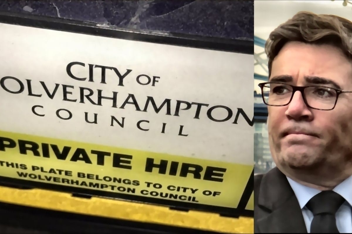 Private hire plate from Wolverhampton Council with man in suit, relevant to chauffeurs and licensing news.