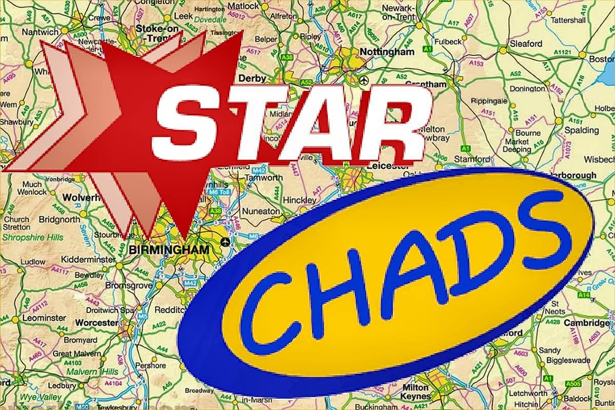 Map of Midlands with Star Cars and Chads logos highlighting private hire fleet branding.